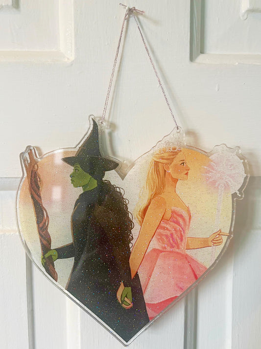 Elphaba and Glinda - Wicked - Glitter Acrylic Heart Wall Hanging Charm