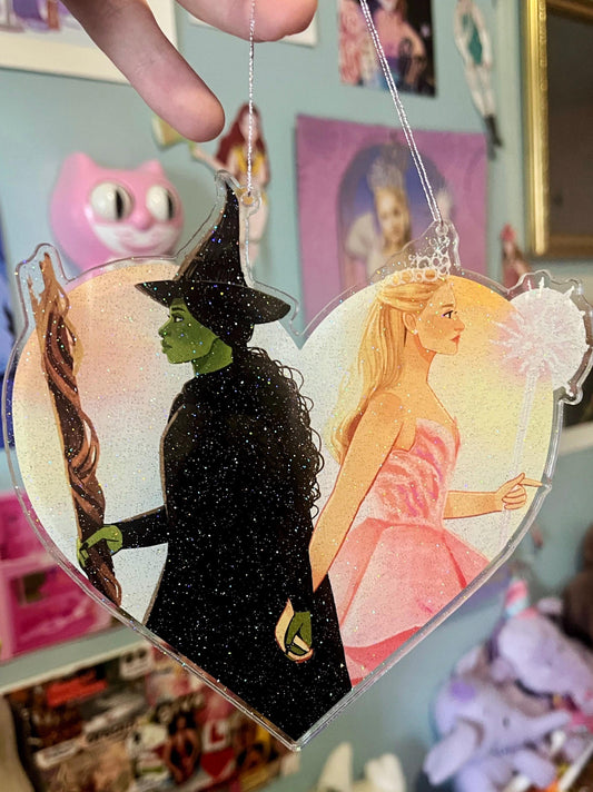 Elphaba and Glinda - Wicked - Glitter Acrylic Heart Wall Hanging Charm
