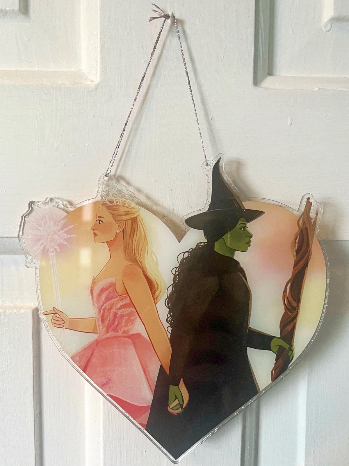 Elphaba and Glinda - Wicked - Glitter Acrylic Heart Wall Hanging Charm